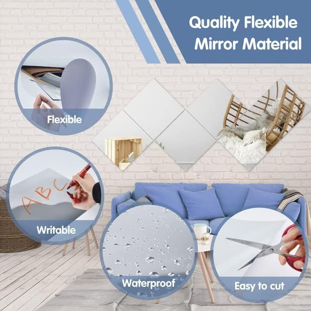 Ausbond 12 Pcs Flexible Mirror Sheets Stickers, Non Glass Safety Reflective Mirror, 12 x 12 in Self Adhesive Square Cuttable Mirror Wall Stickers for DIY Craft Home Wall Decoration - Image 3